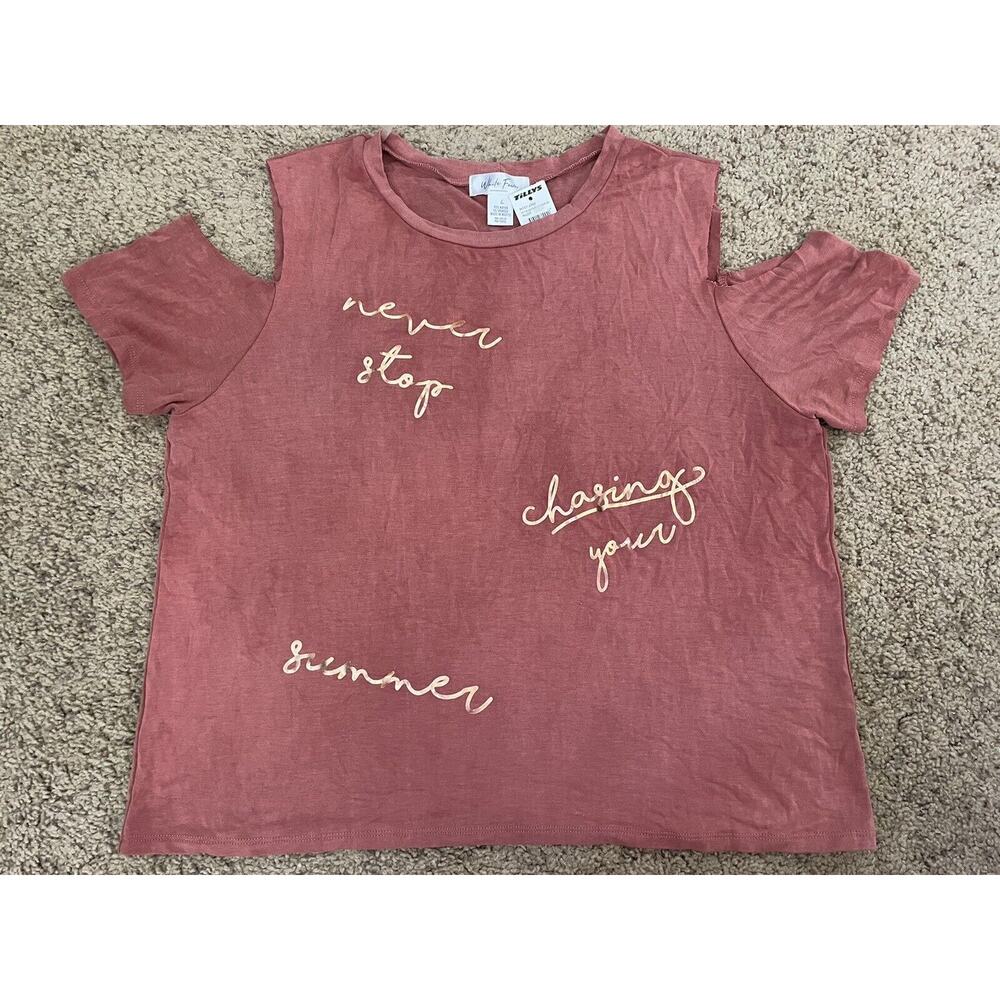 Tilly's White Fawn Foil Cold Shoulder Short Sleeve Womens T Shirt Tee Top Size L